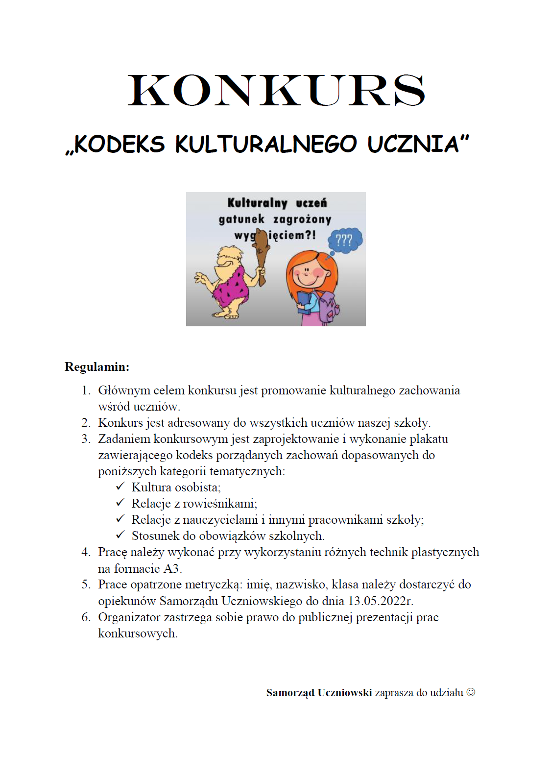 Zapraszamy do konkursu pt. „Kodeks Kulturalnego Ucznia”