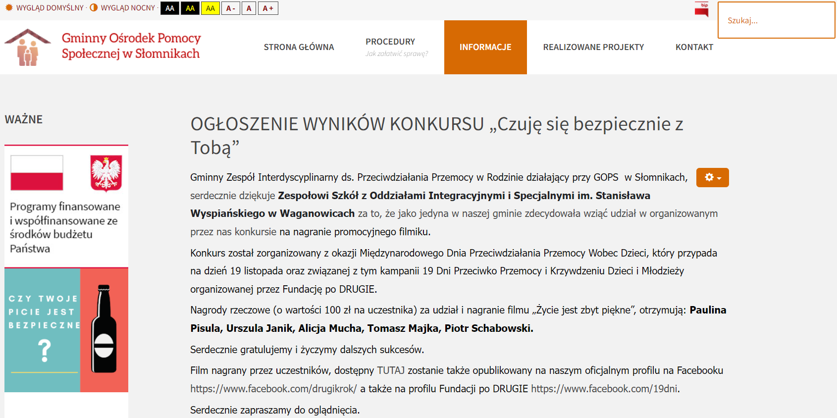 Ogłoszenie wyników konkursu „Czuję się bezpiecznie z Tobą” - widok ze strony internetowej GOPS-Słomniki
