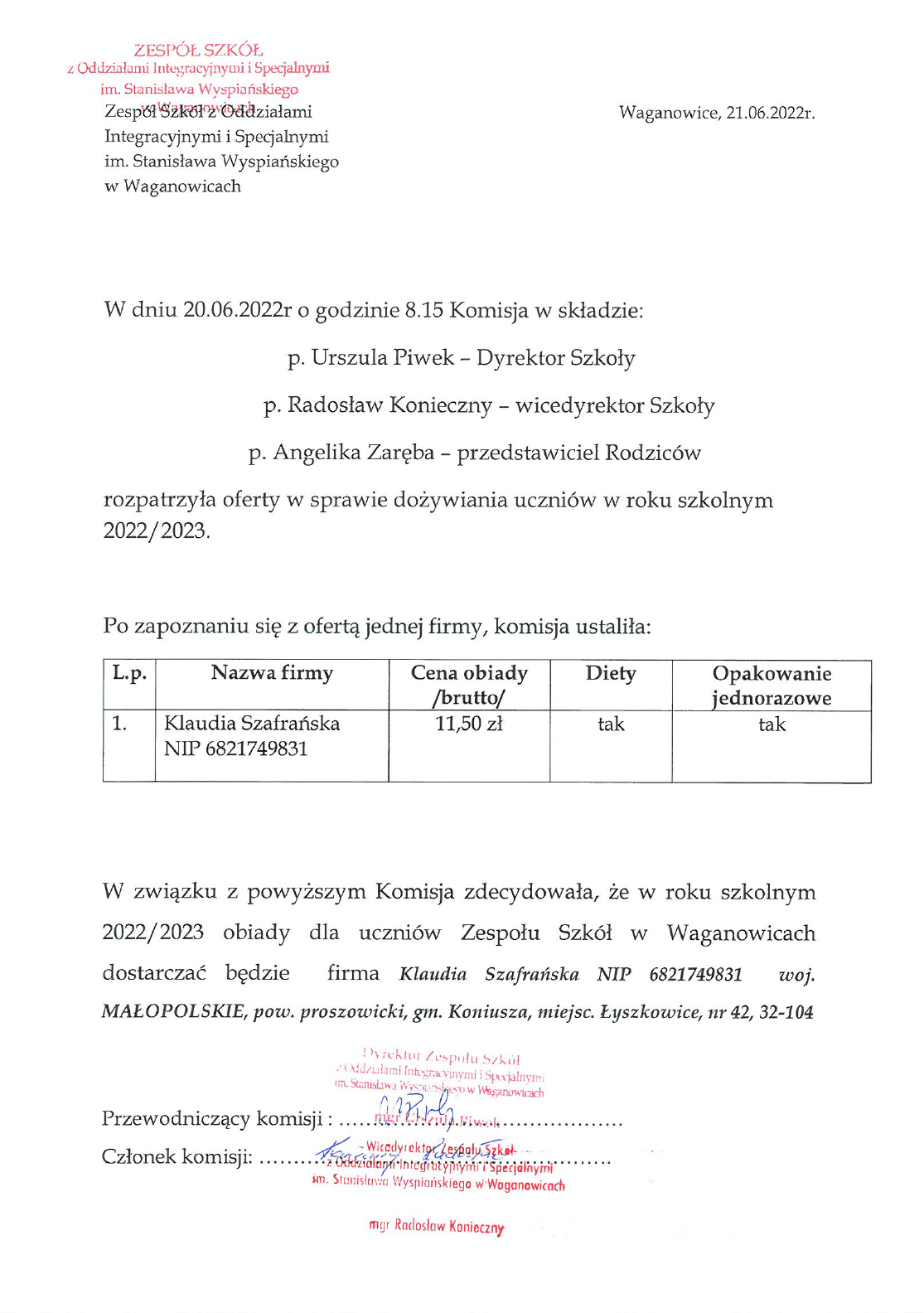 Rozpatrzenie ofert obiadów dla uczniów na rok szkolny 2022/2023