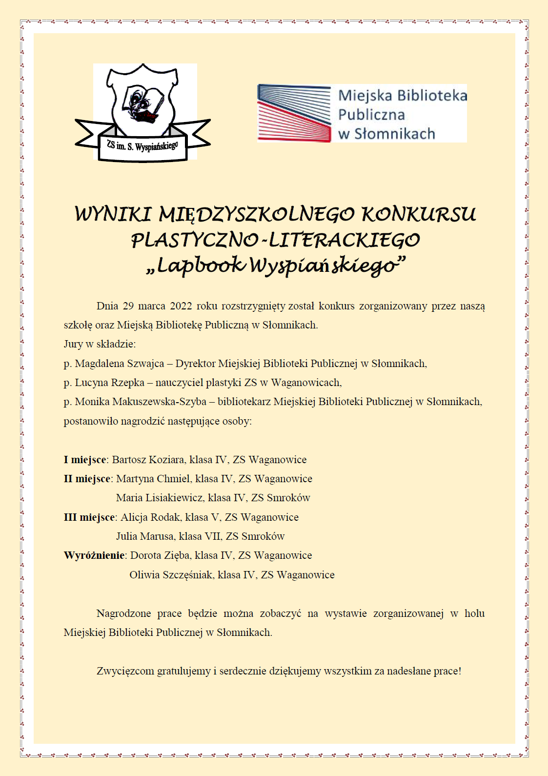 Wyniki Międzyszkolnego Konkursu Plastyczno-Literackiego "Lapbook Wyspiańskiego"