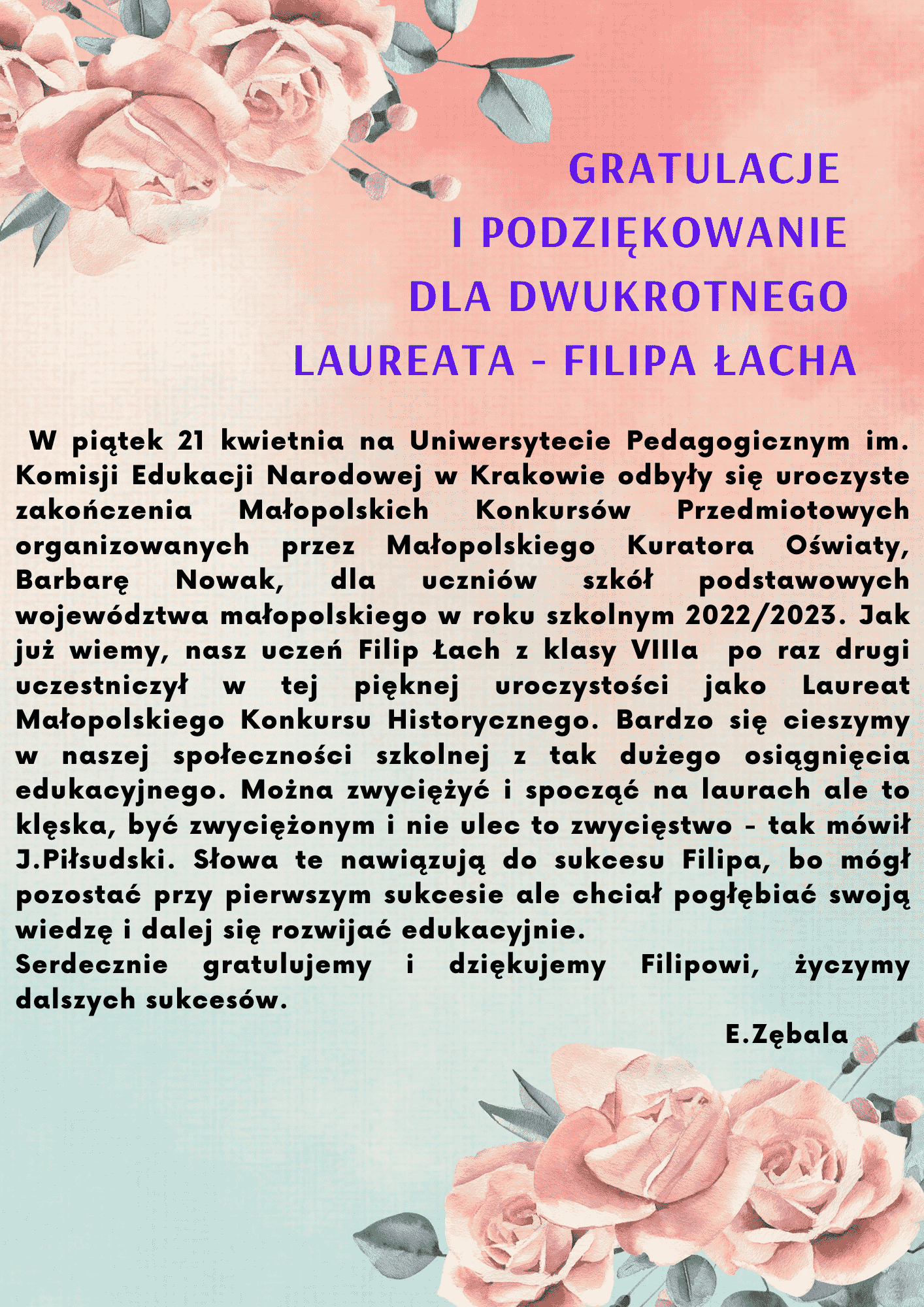 Filip Łach dwukrotnym laureatem! - gratulacje - widok grafiki