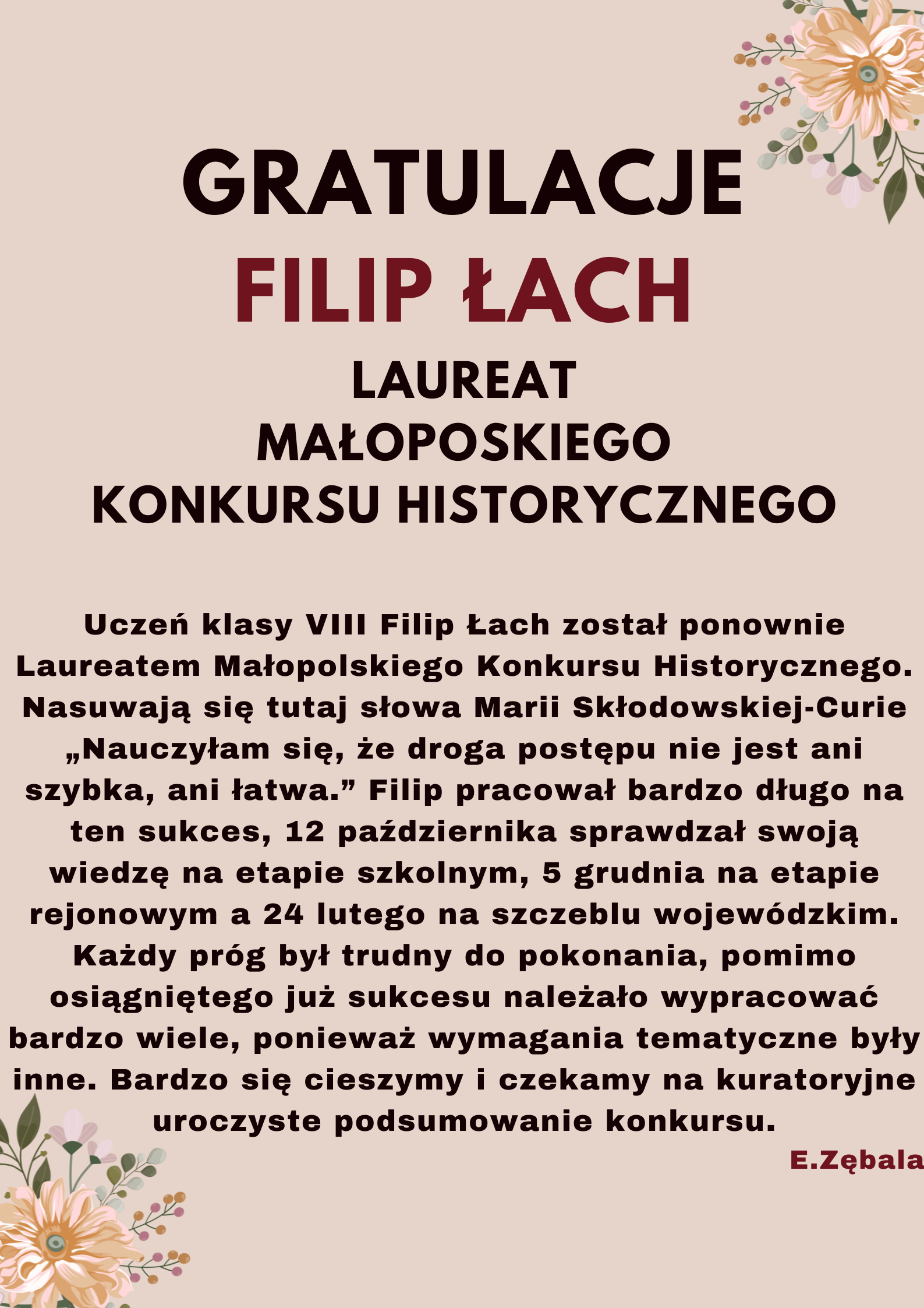 Gratulacje dla laureata Małopolskiego Konkursu Historycznego