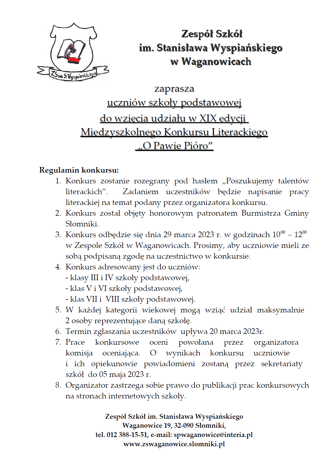 Zapraszamy do Międzyszkolnego Konkursu Literackiego pt. O Pawie Pióro