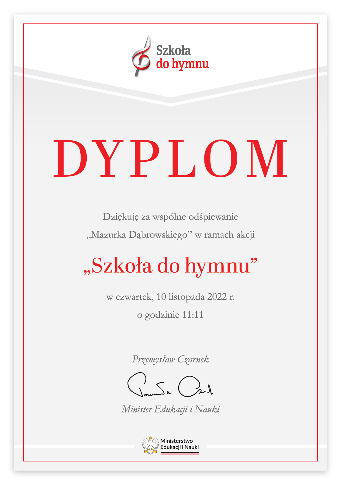 Dyplom za udział w akcji Szkoła do hymnu