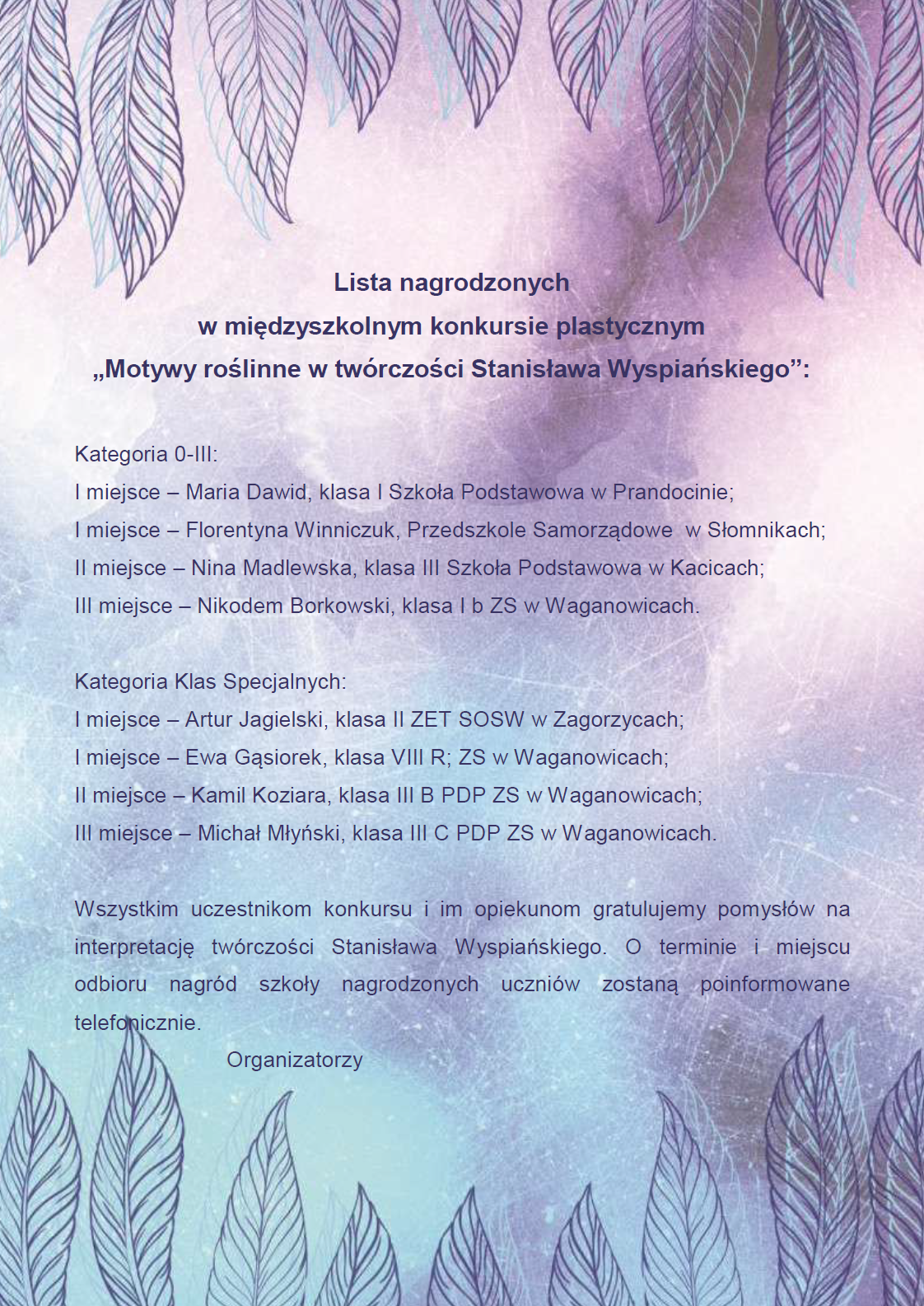 Widok grafiki listy nagrodzonych w międzyszkolnym konkursie plastycznym pt. Motywy roślinne w twórczości Stanisława Wyspiańskiego