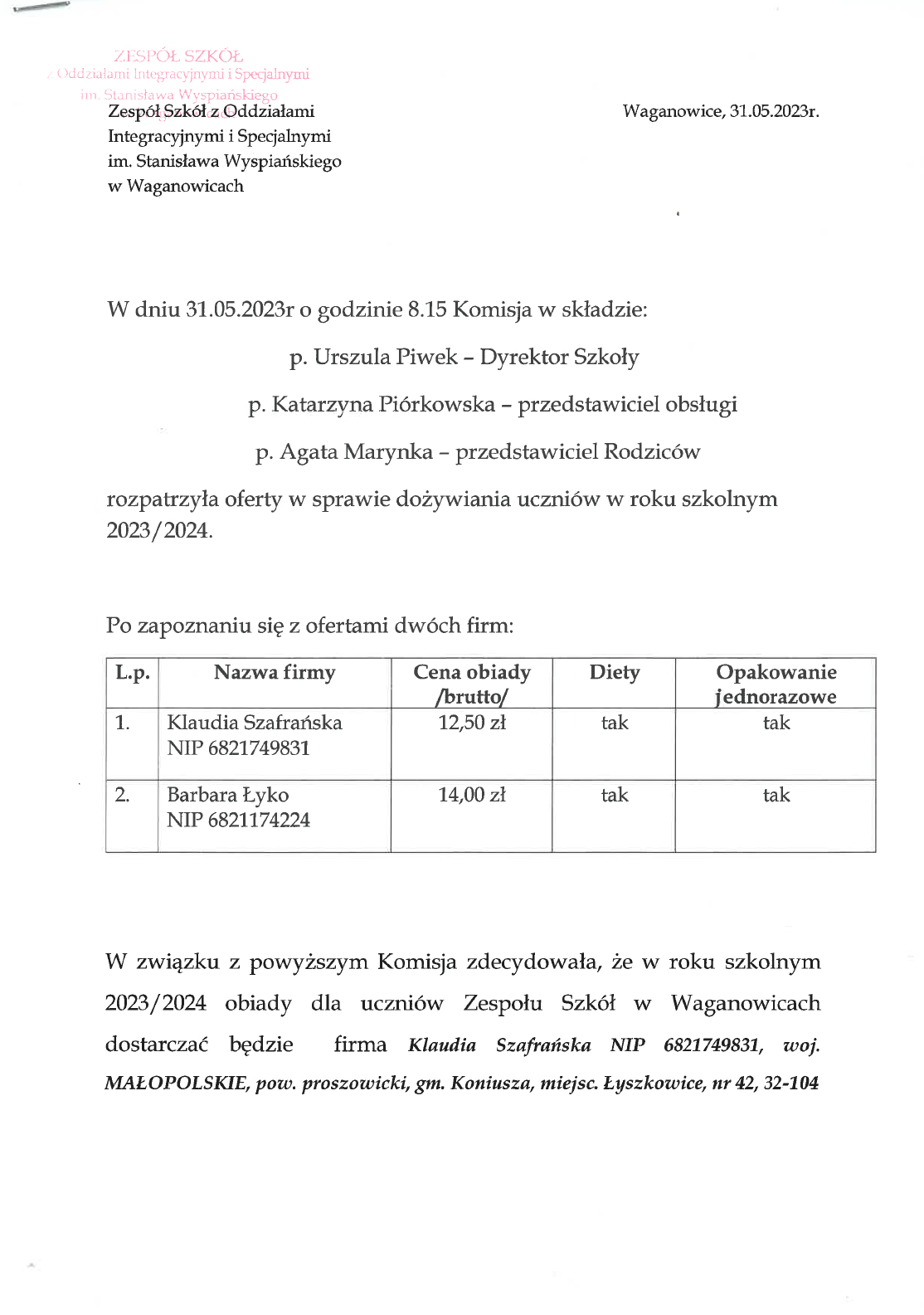Rozpatrzenie ofert obiadów dla uczniów na rok szkolny 2023/2024