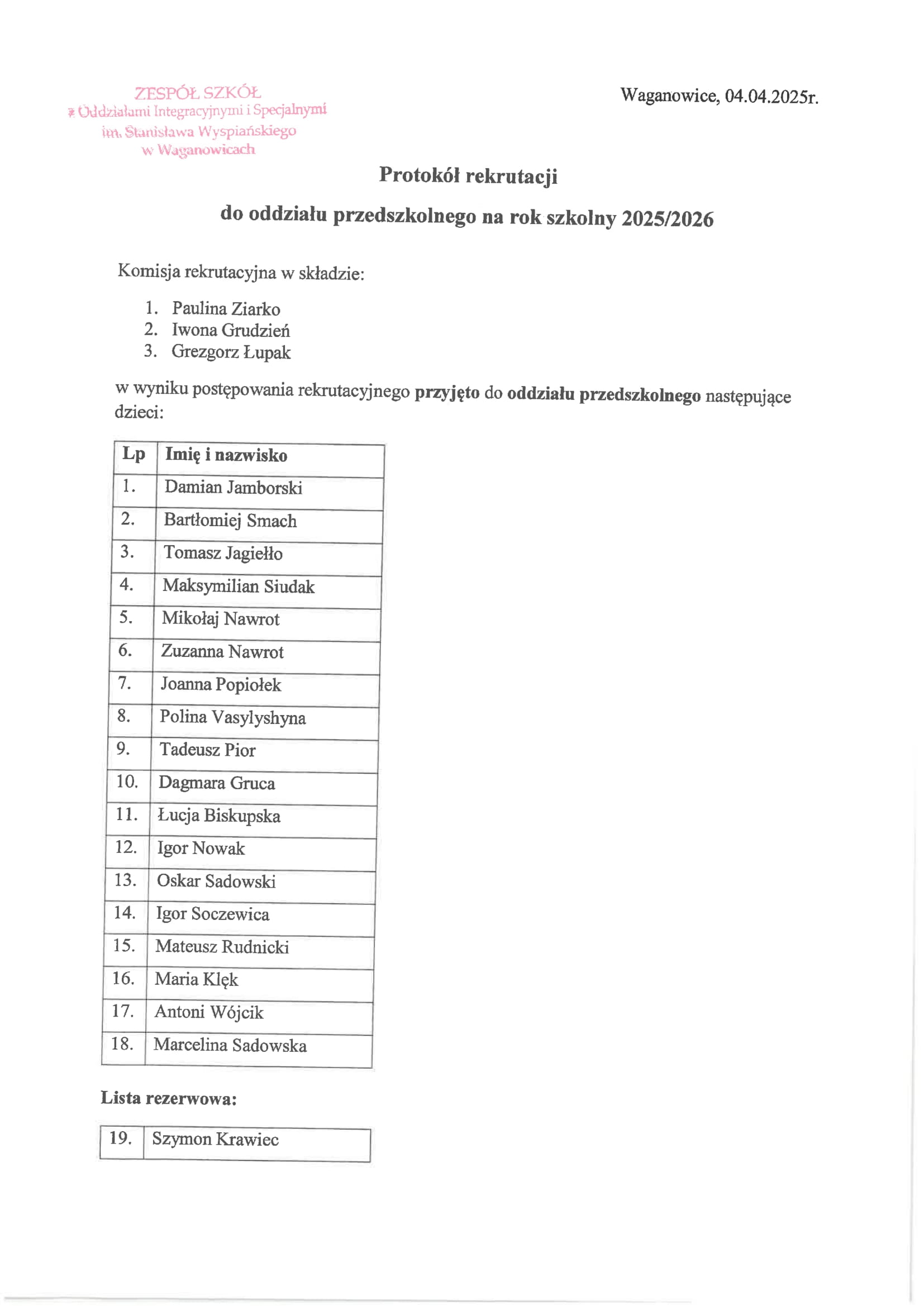 Protokół rekrutacji do oddziału przedszkolnego na rok szkolny 2025/2026 - widok dokumentu