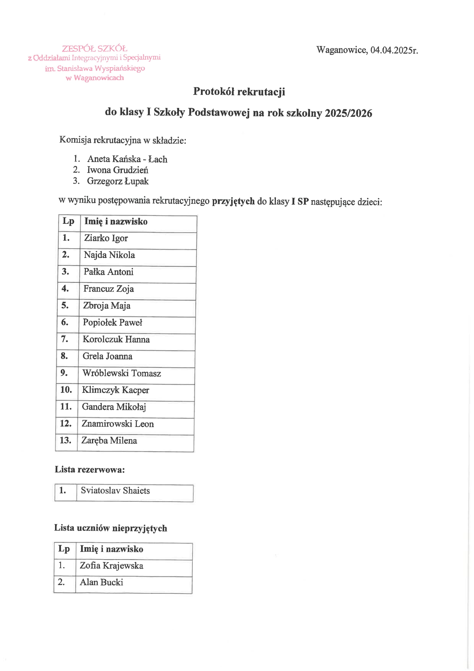 Protokół rekrutacji do klasy I Szkoły Podstawowej na rok szkolny 2025/2026 - widok dokumentu