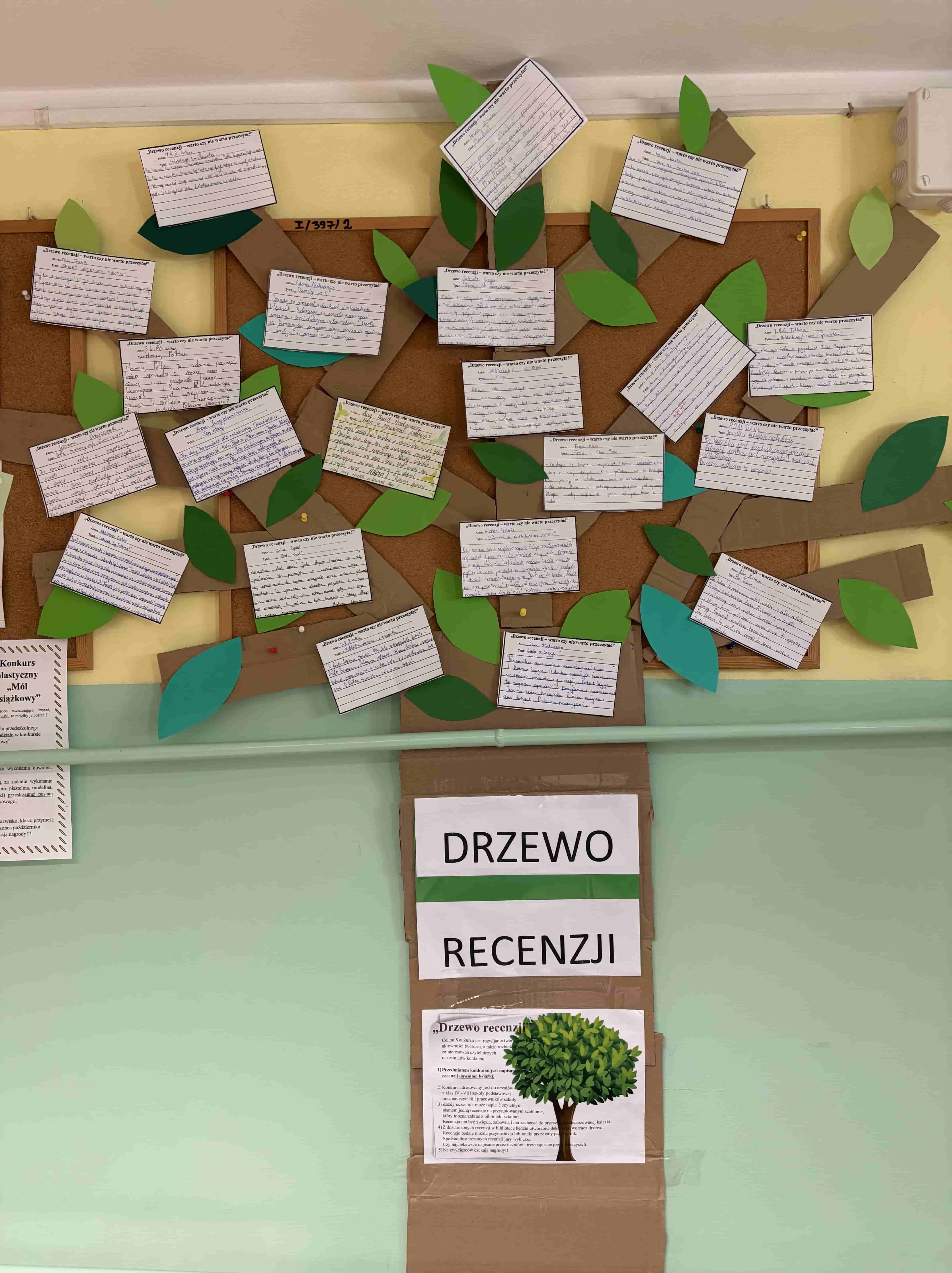 Drzewko recenzji wykonane na gazetce w szkolnej bibliotece