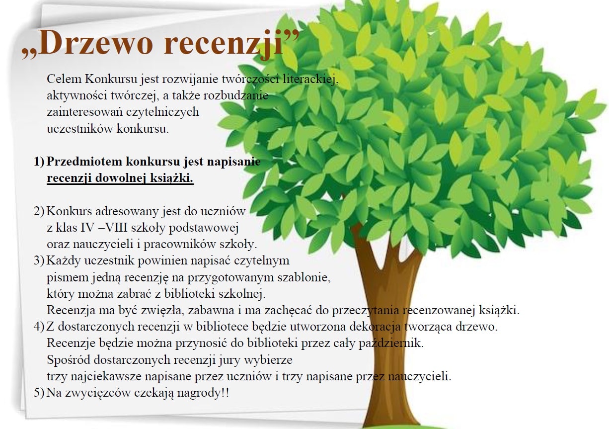 Plakat konkursu promujący konkurs pt. 'Drzewo recenzji'