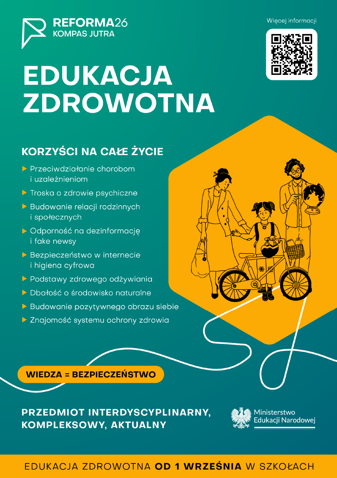 Plakat promujący edukację zdrowotną w szkole od 1 września. Patronat: MEN. Kod QR do materiałów na zpe.gov.pl/edukacja-zdrowotna.