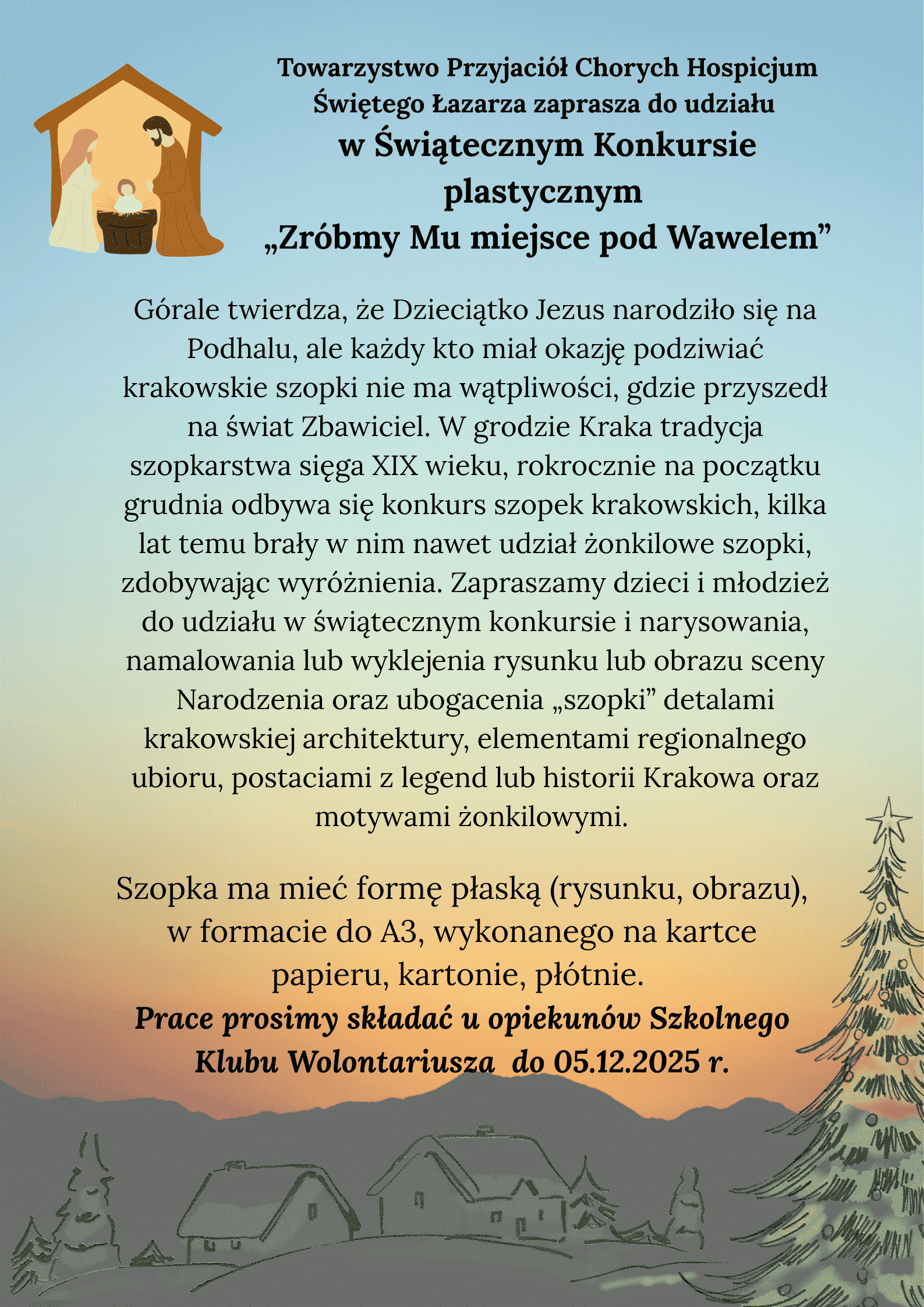 Plakat konkursu promujący konkurs pt. 'Zróbmy Mu miejsce pod Wawelem'